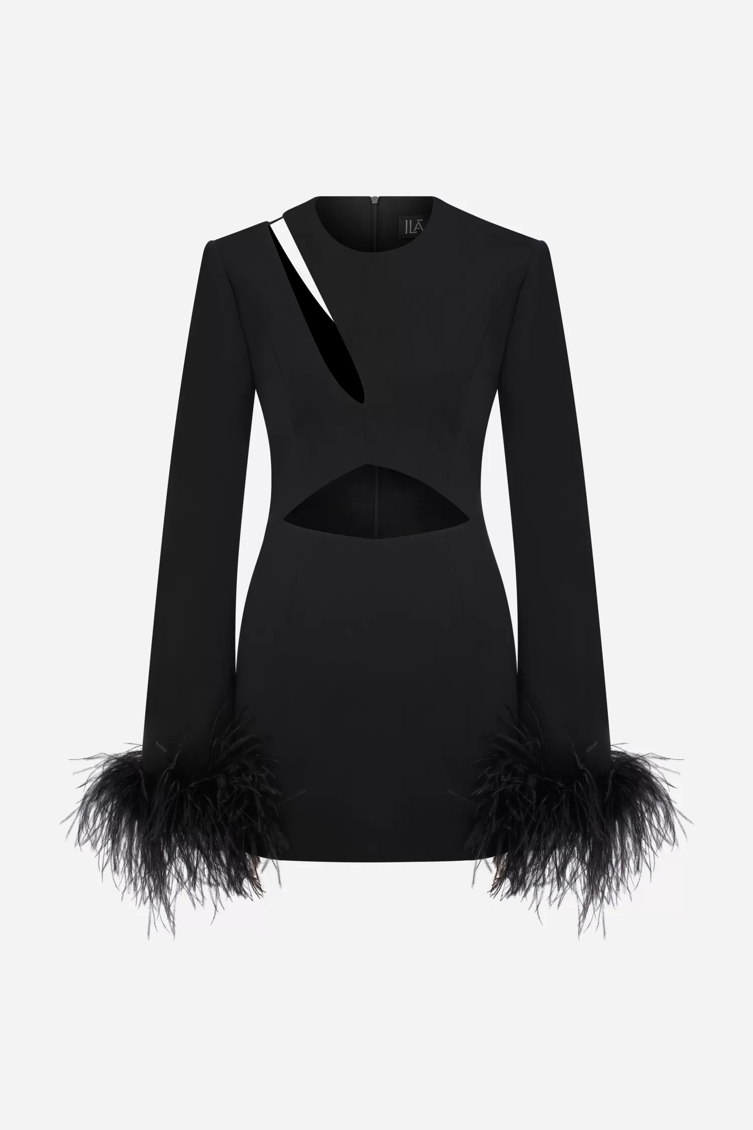Online Audrey - Mini Dress with Cutout Details on Shoulder and Feather Trim on Sleeves Dresses