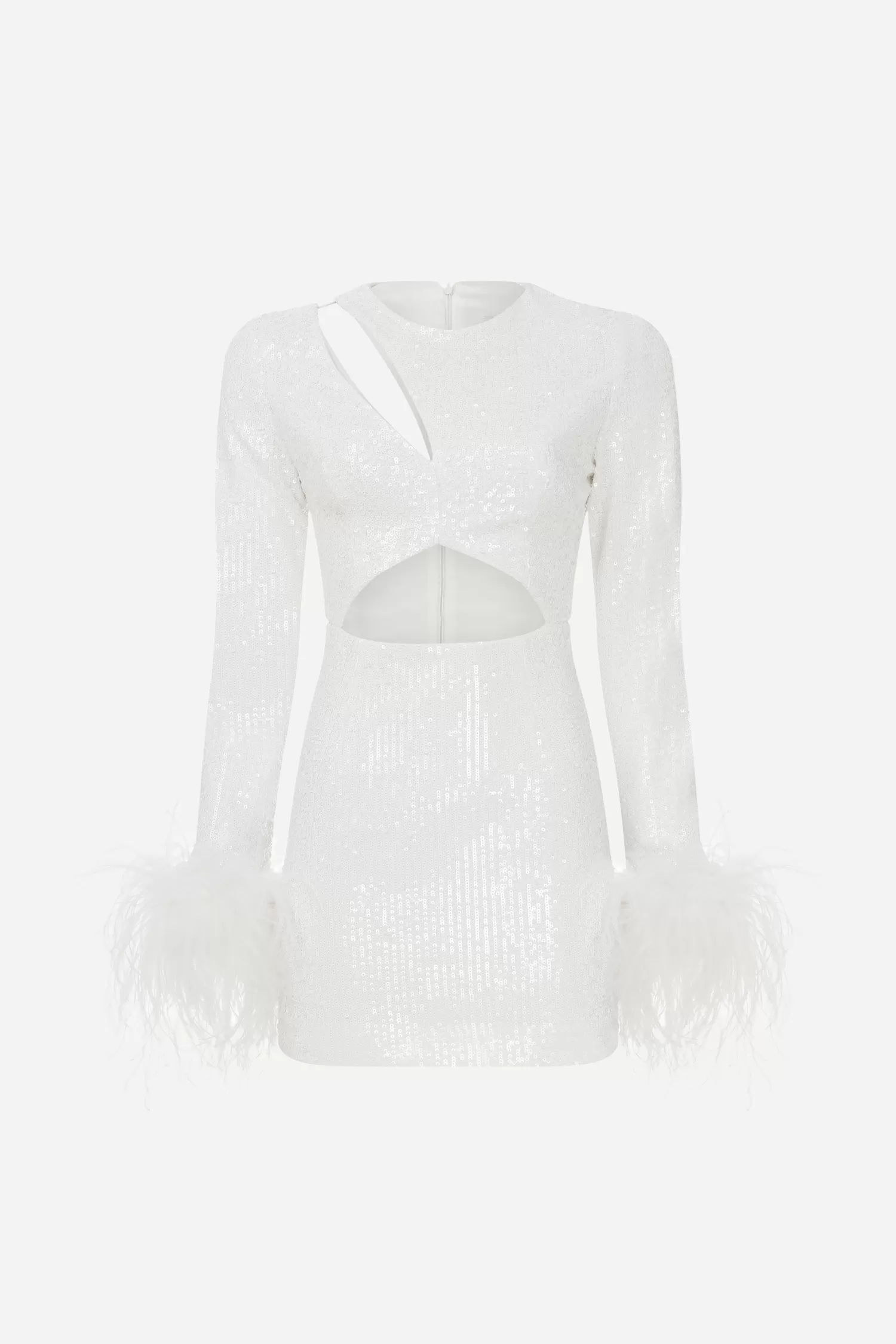Best Audrey - Mini Sequin Dress with Cutout Details on Shoulder and Feather Trim on Sleeves Bridal | Dresses
