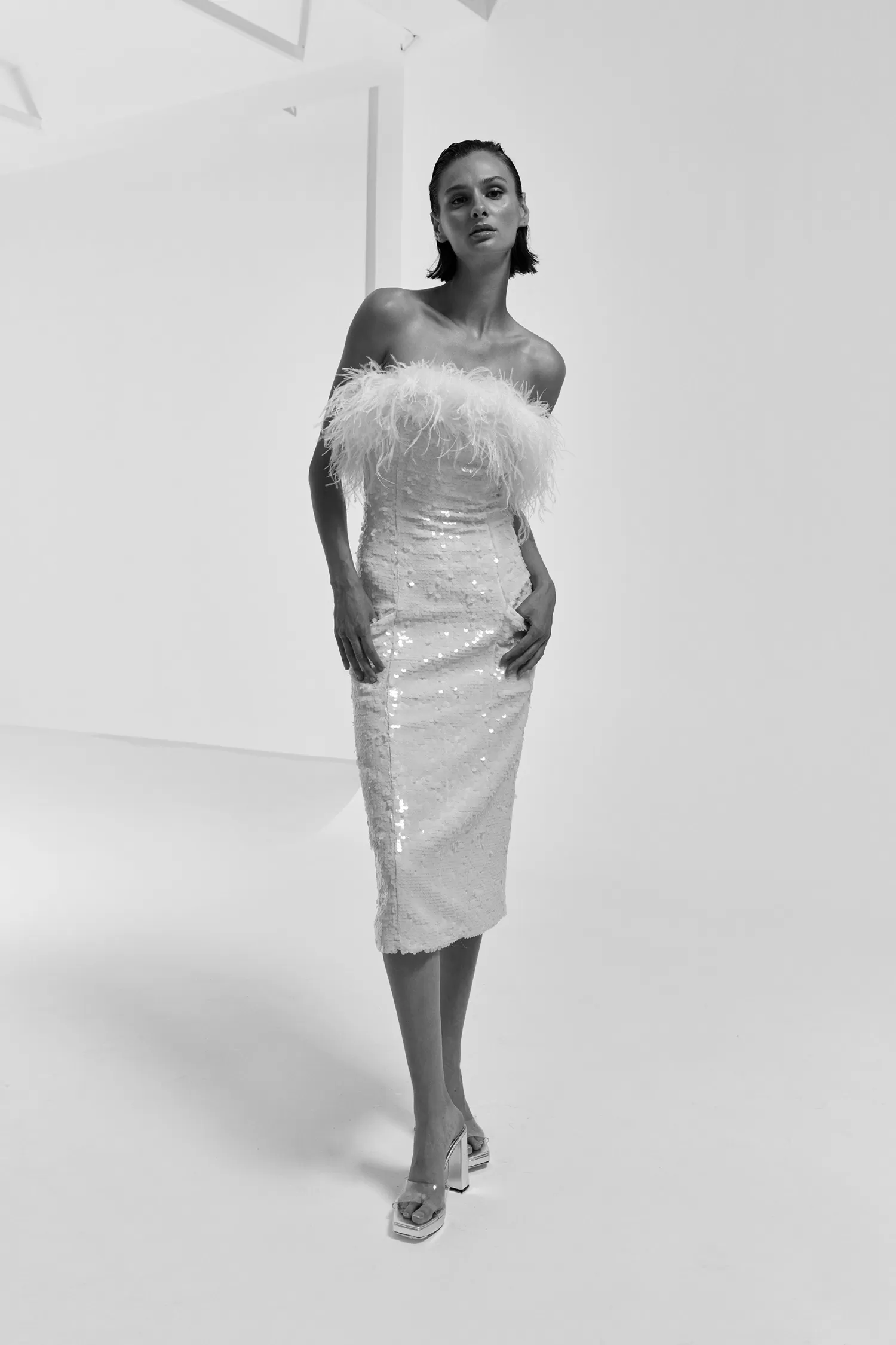 Outlet Drew - Strapless Midi Sequin Dress With Feather Details Bridal | Dresses