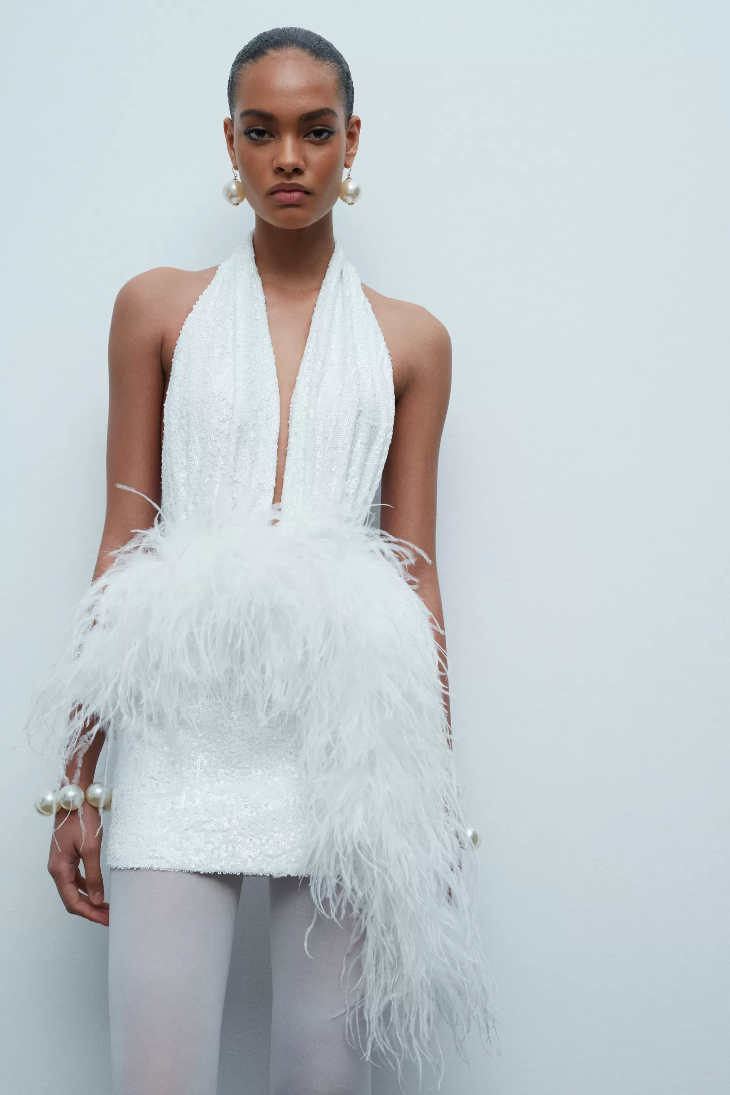 Hot Flora - Deep V Neck Feather Embellished Mini Sequin Dress Bridal | Dresses