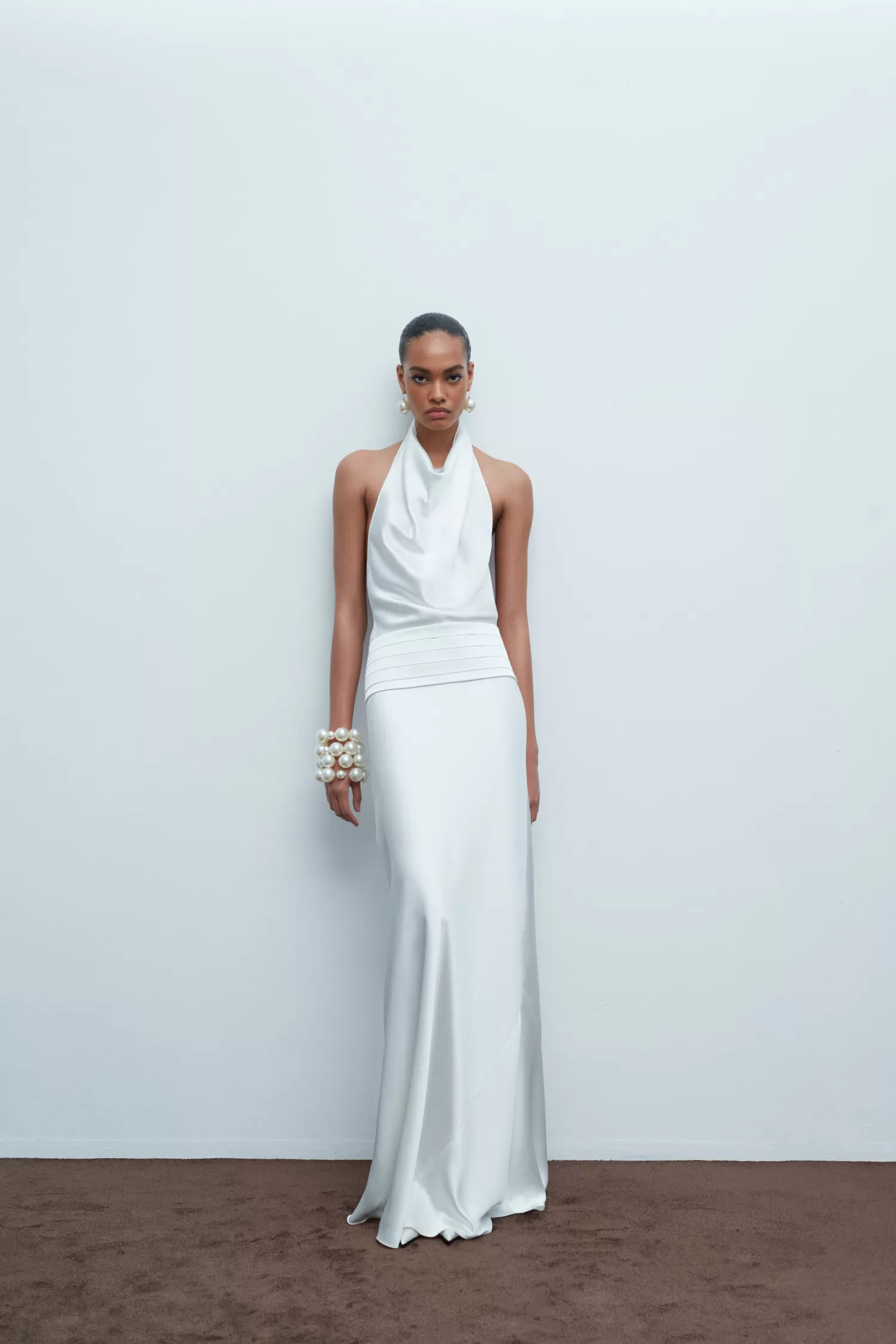 Sale Sidney - Crowl Neck Bias Cut Satin Maxi Dress With Tuxedo Belt Bridal | Dresses